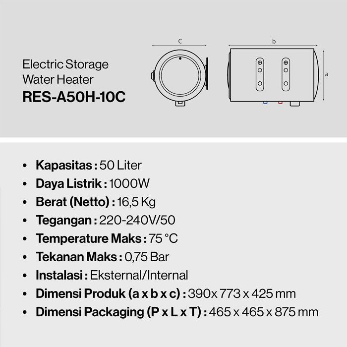 Rinnai Water Heater Listrik 50 Liter - RES-A50H-10C